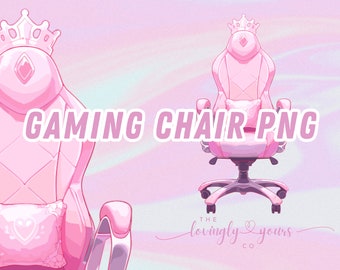 May include: A pink gaming chair with a diamond-shaped headrest and a crown on top. The chair has a white pillow with a heart design. The text "GAMING CHAIR PNG" is written in white letters on a pink background. The text "THE LOVINGLY YOURS CO." is written in cursive at the bottom of the image.
