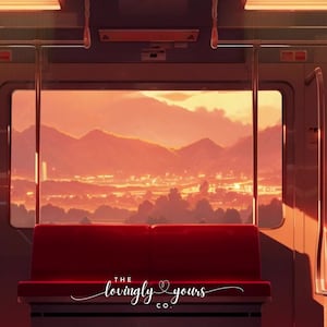 Könnte beinhalten: Ein Blick aus einem Zugfenster mit roten Sitzen und dem Text "THE LOVINGLY YOURS CO." auf dem Sitz vor dem Fenster. Das Fenster zeigt einen Sonnenuntergang über einer Stadt mit Bergen im Hintergrund.