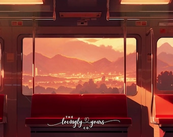 4k Animated Lofi Video Background Cozy Anime Style Study Room Train Vtuber Background Twitch Overlay Seamless Loop | Orange Sunset Train
