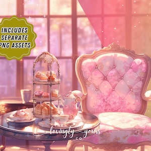 May include: A pink floral armchair with a tufted back and ornate wooden frame sits in a room with a window and a table with a three-tiered cake stand filled with pastries. The text "The Lovingly Yours Co." is visible on the table.