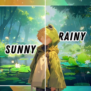 Könnte beinhalten: Ein geteiltes Bild, das einen sonnigen und einen regnerischen Tag in einem Wald zeigt. Die sonnige Seite zeigt einen Teich mit Seerosen und einen klaren blauen Himmel. Die regnerische Seite zeigt eine Person, die einen grünen Frosch-Hoodie trägt und im Regen steht. Der Text "SUNNY" befindet sich auf der sonnigen Seite und der Text "RAINY" auf der regnerischen Seite.