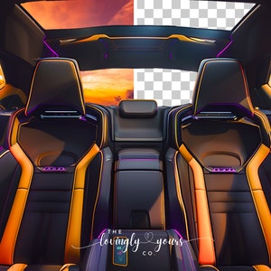 May include: The interior of a car with black leather seats with orange stitching and purple accents. The seats are in the back of the car and the sunroof is open to reveal a sunset.