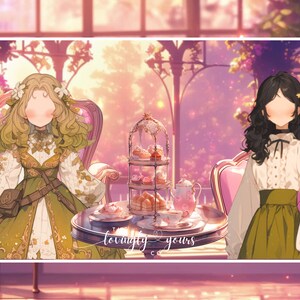 May include: Two women in elegant dresses sit in pink chairs at a table with a tiered cake stand filled with pastries. The table is decorated with a silver tea set and a sign that reads "lovingly yours".