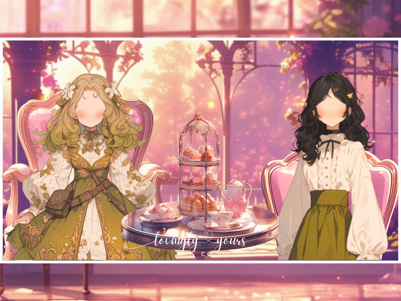 May include: Two women in elegant dresses sit in pink chairs at a table with a tiered cake stand filled with pastries. The table is decorated with a silver tea set and a sign that reads "lovingly yours".