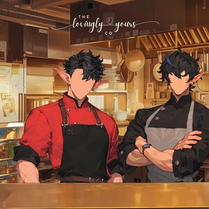May include: Illustration of two chefs in a kitchen setting. One chef wears a red jacket and black apron, the other a black jacket and apron. The kitchen features stainless steel appliances and hanging cookware. The text "The lovingly yours co" is in the upper left corner.