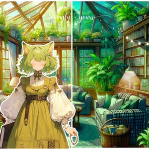 May include: A green-haired anime character with cat ears stands in a greenhouse with a large bookshelf and many plants. The text "lovingly yours" is written in the upper right corner of the image.