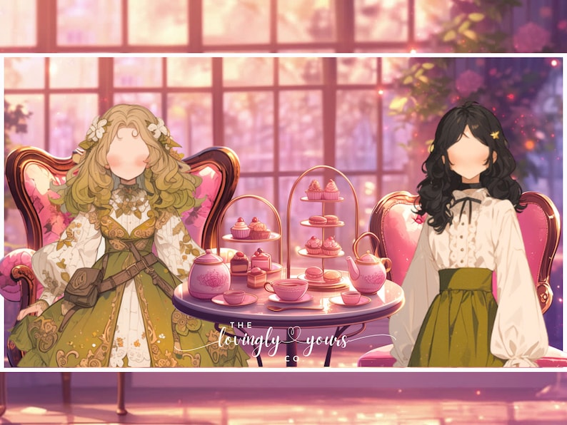 May include: Two women in green and white dresses sit in pink chairs at a table with a teapot, teacups, and a tiered stand of pastries. The table has a sign that reads "The Lovingly Yours Co."