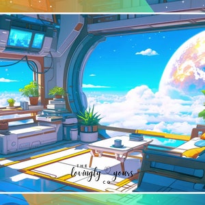 Könnte beinhalten: Ein futuristischer Raum mit einem großen Fenster, das einen bewölkten Himmel und einen fernen Planeten zeigt. Der Raum hat eine Couch, einen Tisch und Pflanzen. Der Text "THE LOVINGLY YOURS CO" befindet sich auf dem Boden.