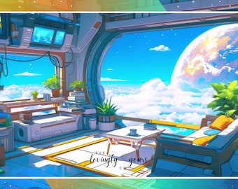 Solarpunk Living Room Animated Lofi Video Background Cozy Anime Style Spaceship Vtuber Background Twitch Overlay Seamless Loop