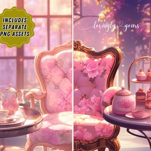 May include: A pink and gold ornate chair with floral upholstery sits in a room with a table set for tea. The table has a teapot, teacups, and a tiered cake stand with pastries. The text "The lovingly yours co." is visible in the background.