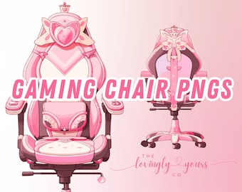 May include: A pink gaming chair with a heart-shaped headrest and a crown on top. The chair has a white and pink design with a butterfly pattern. The chair is on wheels and has a black base. The text "GAMING CHAIR PNGS" is written in white letters on a pink background. The text "THE LOVINGLY YOURS CO." is written in black letters on a pink background.