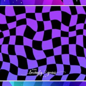 May include: A purple and black checkered pattern with a wavy effect. The text "THE LOVINGLY YOURS CO." is written in white cursive at the bottom of the image.
