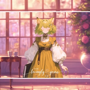 May include: A yellow and white dress with a brown belt and a cat-like character with green hair holding a book. The text "The lovingly yours co." is on the bottom of the image.