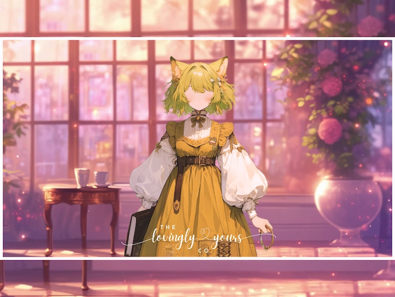 May include: A yellow and white dress with a brown belt and a cat-like character with green hair holding a book. The text "The lovingly yours co." is on the bottom of the image.