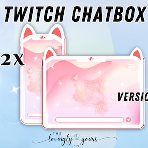 Puede incluir: Dos superposiciones de chatbox de Twitch de color rosa y blanco con orejas de gato. Las superposiciones presentan un fondo degradado de color rosa y blanco con un diseño estilizado de mariposa y flores. El texto "2x VERSIONS" es visible en la imagen.
