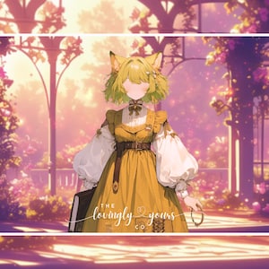 May include: A young girl with fox ears and a yellow dress stands in a garden setting. She is holding a book and a bracelet. The text "The lovingly yours" is written on the ground in front of her.