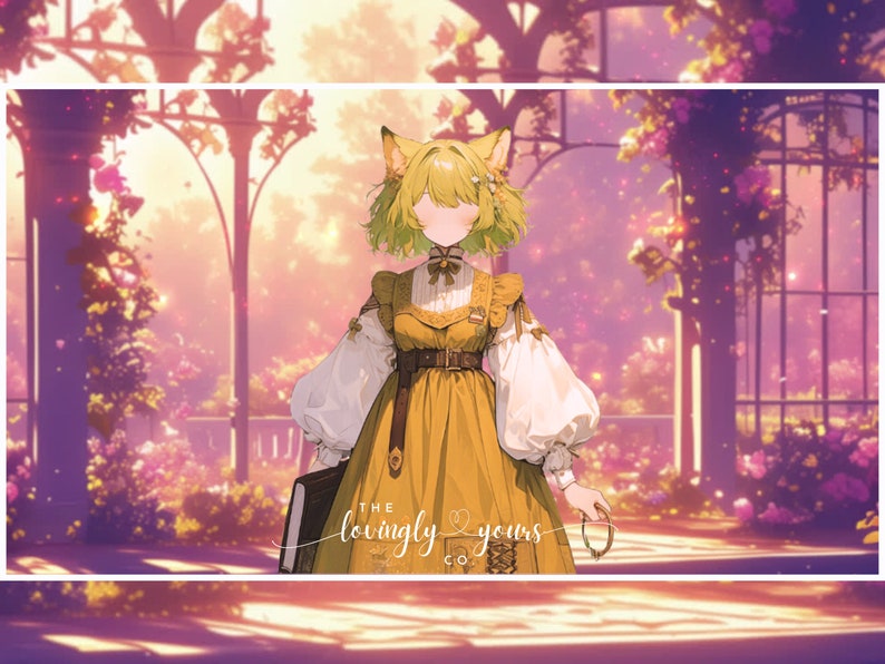 May include: A young girl with fox ears and a yellow dress stands in a garden setting. She is holding a book and a bracelet. The text "The lovingly yours" is written on the ground in front of her.