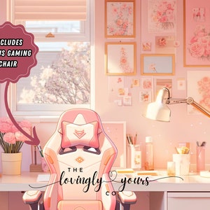 May include: A pink and white gaming chair with a white pillow and the text "The Lovingly Yours Co." on the back. The chair is in front of a desk with a lamp, a vase of pink flowers, and a variety of framed pictures on the wall. The text "Includes Bonus Gaming Chair" is in a pink circle above the chair.