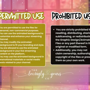 May include: A pink and purple graphic with the text "PERMITTED USE" and "PROHIBITED USE" in white. The text lists the permitted and prohibited uses of the graphic design files. The text includes "The lovingly yours co."