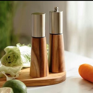 2pcs Acacia wood and Silver Salt shaker and Pepper Grinder Set with Protective  Detached tray.