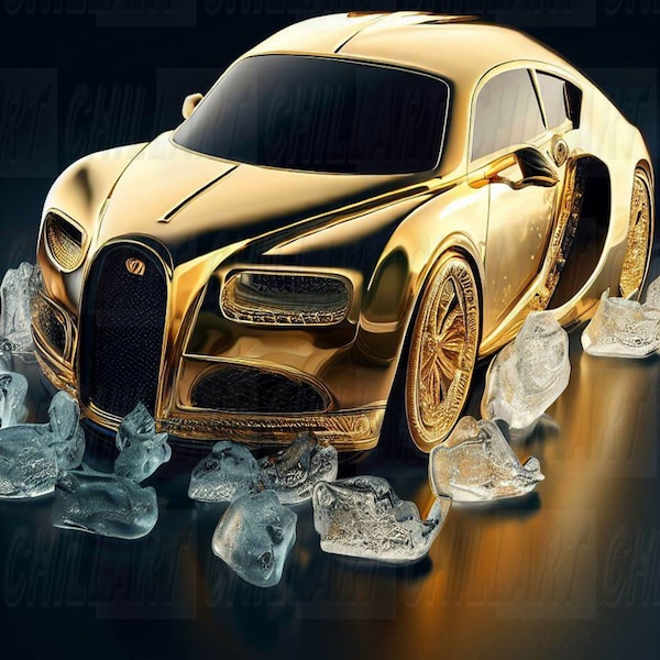 A Solid Gold Bugatti on Ice Digital Art Print for your wall décor. Unique 300 DPI  [Portrait and Square package].