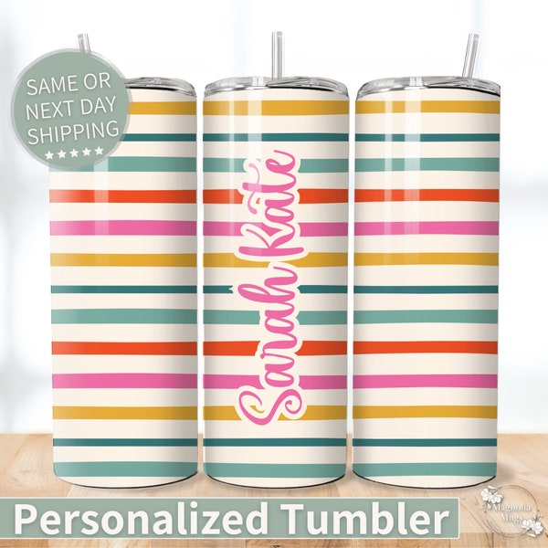 Personalized Colorful Tumbler, Custom Name Cute Striped Mug, Bright Colorful Travel Coffee Cup, Custom Name Gift for Her, Retro Travel Mug