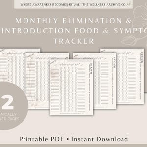 May include: A beige printable PDF with the text "Monthly Elimination & Reintroduction Food & Symptom Tracker." The design includes 12 botanically designed pages. The text "Printable PDF • Instant Download" is also present.