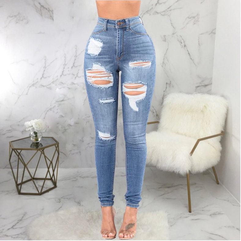 Women Fashion Comfortable Jeans Holes Straight Tube High Waist Denim Pants  Loose and Thin Denim Trousers High Waist Women Pants : Amazon.co.uk: Fashion
