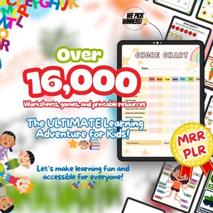 Puede incluir: Una ilustración digital colorida que promociona más de 16.000 recursos de aprendizaje imprimibles para niños. La imagen presenta una tableta que muestra una tabla de tareas con un arcoíris y estrellas. El texto "The ULTIMATE Learning Adventure for Kids!" se muestra en una pancarta roja con una estrella blanca. El texto "Let's make learning fun and accessible for everyone!" se muestra en una pancarta blanca con una estrella roja.