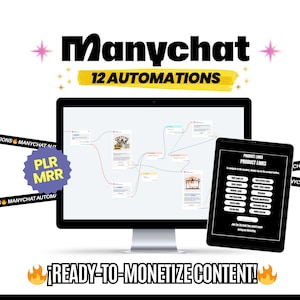 May include: A computer monitor and tablet display a Manychat automation diagram and product links. The image includes the text "Manychat," "12 AUTOMATIONS," "PLR MRR," and "READY-TO-MONETIZE CONTENT!" in a white background.