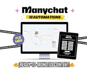 May include: A computer monitor and tablet display a Manychat automation diagram and product links. The image includes the text "Manychat," "12 AUTOMATIONS," "PLR MRR," and "READY-TO-MONETIZE CONTENT!" in a white background.