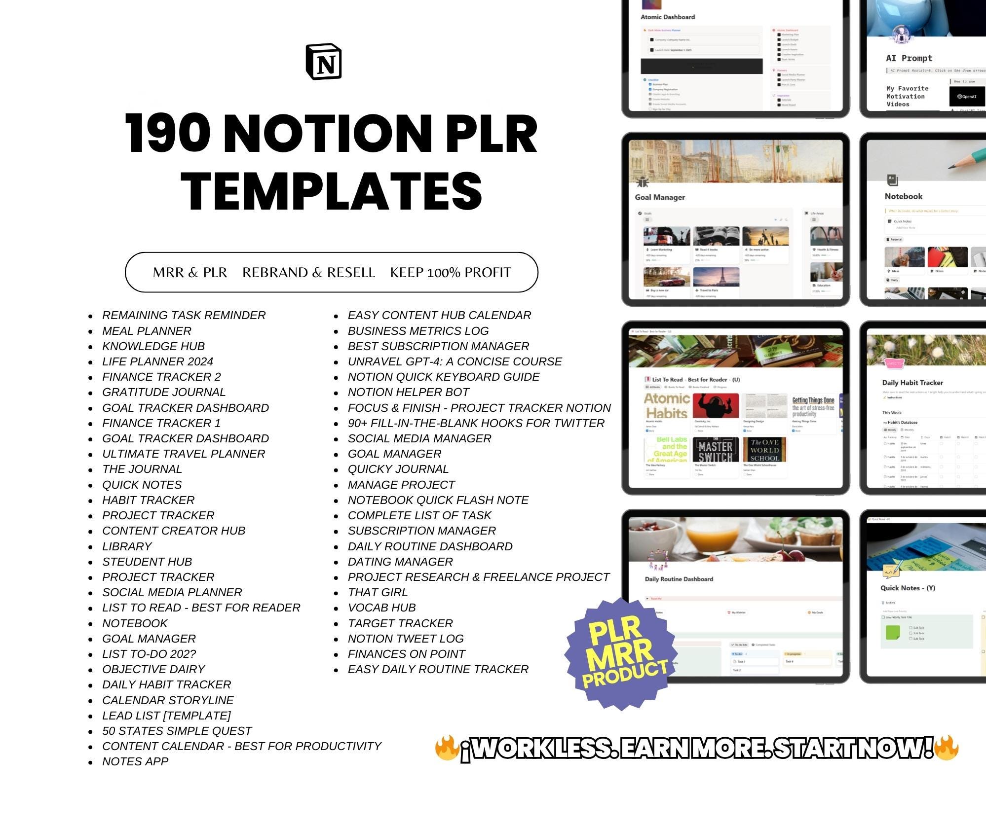 190 Notion PLR Templates & Planners Bundle | PLR Products, Plr Mrr ...