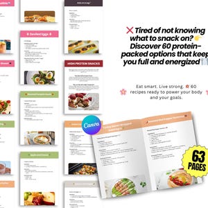 May include: A cookbook with 63 pages of high-protein recipes. The pages are open to show a recipe for turkey bacon wrapped asparagus and roasted red pepper hummus. The cover text reads, "Tired of not knowing what to snack on? Discover 60 protein-packed options."