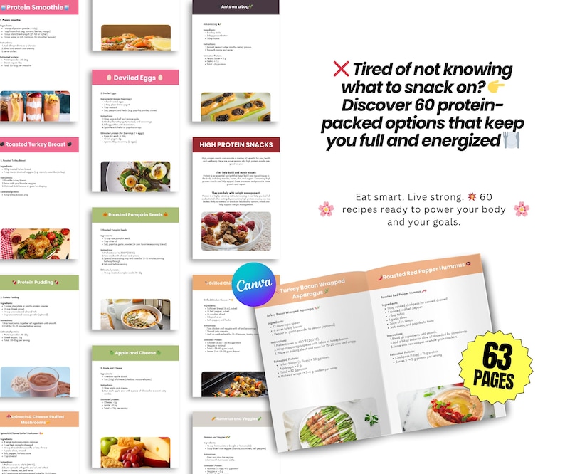 May include: A cookbook with 63 pages of high-protein recipes. The pages are open to show a recipe for turkey bacon wrapped asparagus and roasted red pepper hummus. The cover text reads, "Tired of not knowing what to snack on? Discover 60 protein-packed options."