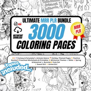Puede incluir: Un collage de páginas para colorear en blanco y negro con varios temas, incluyendo animales, fantasía y diseños de temática navideña. El texto "ULTIMATE MRR PLR BUNDLE 3000 COLORING PAGES" se muestra en texto azul y negro. El texto "Topics included..." se muestra en una pancarta colorida con una variedad de iconos.
