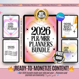 以下が含まれることがあります： 2026年版のデジタルプランナーのバンドル。ADHD、ホームスクール、貯蓄、ガールボスプランナーなど。画像には「2026 PLR/MRR PLANNERS BUNDLE」と追加のプランナーが表示されています。1000個の無料テンプレートが含まれています。