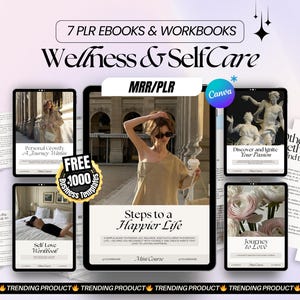 May include: Digital wellness and self-care ebooks and workbooks are displayed on a tablet and other devices. The image includes the text "7 PLR Ebooks & Workbooks" and "Wellness & SelfCare". The image also includes the text "Steps to a Happier Life".