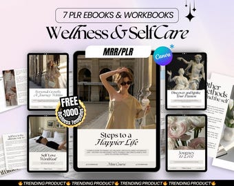 7 Wellness & Self Care eBooks + Workbooks Bundle | MRR | PLR Digital Products | Therapy Journal | Mental Health, Wellness Planner