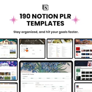 Puede incluir: Anuncio de 190 plantillas Notion PLR. La imagen muestra varias pantallas de tabletas que muestran varias plantillas, con el texto "190 Notion PLR Templates" en letras grandes y en negrita. El lema dice: "Mantente organizado y alcanza tus objetivos más rápido."