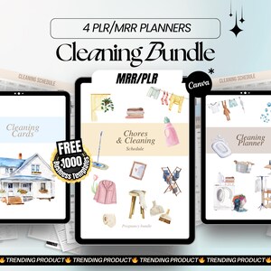 Può includere: Pacchetto di pulizia digitale con quattro planner, tra cui schede di pulizia, programma di lavori domestici e pulizia e un planner di pulizia. L'immagine presenta illustrazioni di prodotti per la pulizia e una casa. Il testo include "Cleaning Bundle" e "Trending Product."