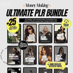 Puede incluir: Imagen promocional de un paquete de productos digitales titulado "ULTIMATE PLR BUNDLE". La imagen presenta varias maquetas de tabletas que muestran portadas de libros electrónicos con títulos como "Faceless Themapage Marketing" y "The Selling Formula". El paquete incluye libros electrónicos, videos y fotos estéticas.