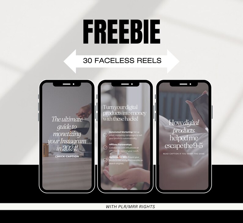 Op de afbeelding: Drie smartphone-schermen die verschillende tips laten zien voor het geld verdienen met digitale producten op Instagram. Het eerste scherm zegt "De ultieme gids voor het geld verdienen met je Instagram in 2024!" Het tweede scherm zegt "Verander je digitale producten in geld met deze hacks!" Het derde scherm zegt "Hoe digitale producten me hebben geholpen om te ontsnappen aan de 9-to-5".