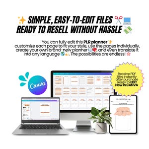 May include: A digital planner design displayed on a laptop, desktop monitor, and tablet. The image includes the Canva logo and text that reads "SIMPLE, EASY-TO-EDIT FILES READY TO RESELL WITHOUT HASSLE". A small plant is also visible.