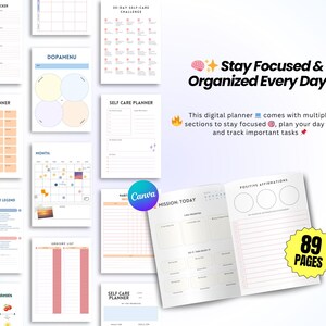 May include: Digital planner with various sections for staying focused and organised. Includes trackers, meal planners, and self-care pages. Features the text "Stay Focused & Organised Every Day" and "89 Pages".