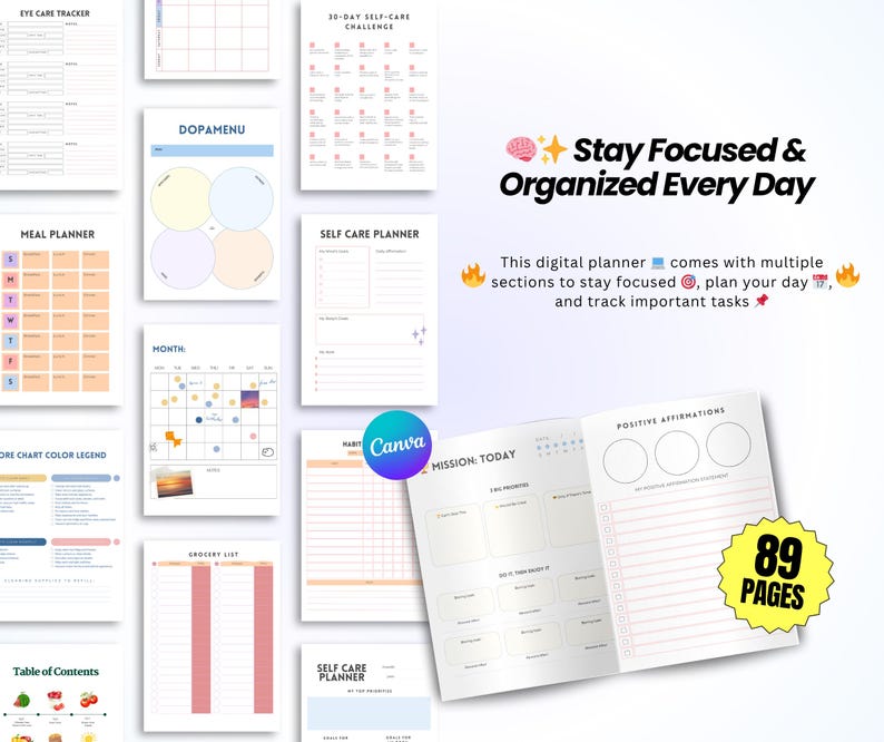 May include: Digital planner with various sections for staying focused and organised. Includes trackers, meal planners, and self-care pages. Features the text "Stay Focused & Organised Every Day" and "89 Pages".