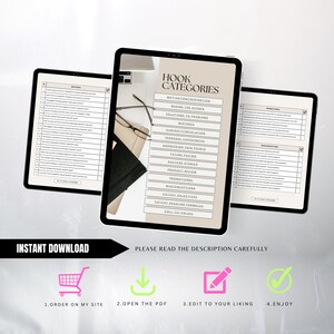 May include: A digital tablet displaying a list of "Hook Categories" for writing, including Motivation/Inspiration, Behind the Scenes, Solutions to Problems, Mistakes, Curiosity/Revelation, Personal Experiences, Addressing Pain Points, Future Pacing, Success Stories, Product Review, Promotional, Misconceptions, Catchy Adjectives, Catchy Headline Formulas, and Call-to-Values.