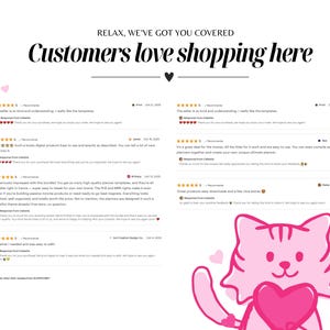 May include: A graphic with the text "Customers love shopping here" and customer reviews. A pink cat holding a heart is in the bottom right corner. Pink hearts are scattered around the text.