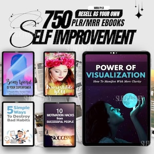 Puede incluir: Imagen promocional que presenta una colección de libros electrónicos sobre superación personal. La imagen muestra varias tabletas con portadas de libros electrónicos, con títulos como "Ser raro es tu superpoder" y "Poder de visualización". El texto "750 PLR/MRR EBOOKS" es visible.