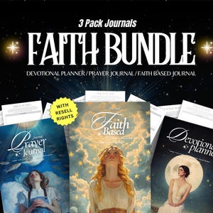 Puede incluir: Un paquete de 3 diarios con el texto "FAITH BUNDLE" en letras blancas grandes sobre un fondo negro. El paquete incluye un planificador devocional, un diario de oración y un diario basado en la fe. Cada diario presenta una imagen diferente de una mujer en un entorno celestial.