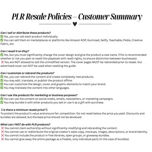 May include: A white document titled "PLR Resale Policies - Customer Summary" with black text. The document outlines the terms for selling, reselling on Etsy, customizing, and using products for marketing. It also details what is not allowed with PLR products.